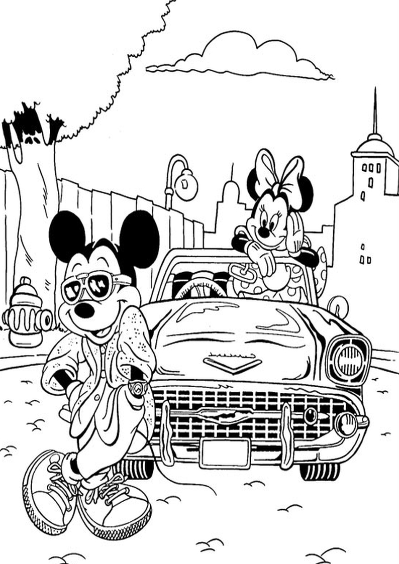 kolorowanka Myszka Miki i Minnie w samochodzie, malowanka do wydruku dla dzieci nr 55